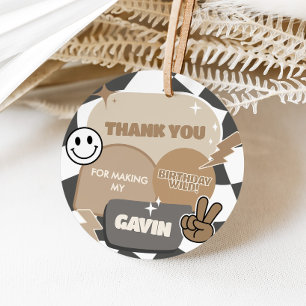Retro Young Wild and Three Birthday Party Round Favor Tags