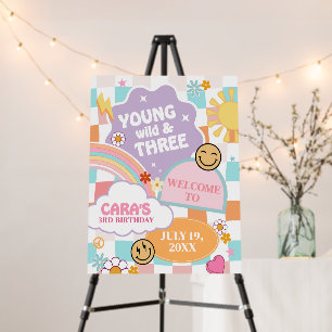 Retro Young Wild and Three Birthday Welcome Sign