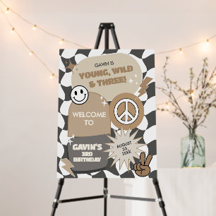 Retro Young Wild and Three Birthday Welcome Sign