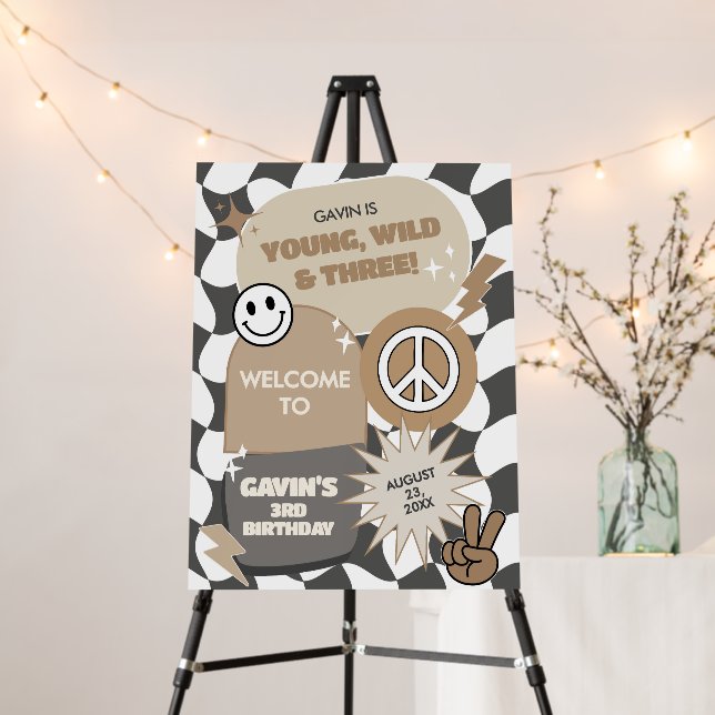 Retro Young Wild and Three Birthday Welcome Sign (In Situ (Stand))