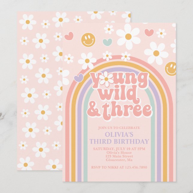 Retro Young Wild and Three Rainbow 3rd Birthday Invitation (Front/Back)