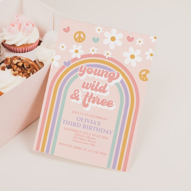 Retro Young Wild and Three Rainbow 3rd Birthday Invitation (Creator Uploaded)