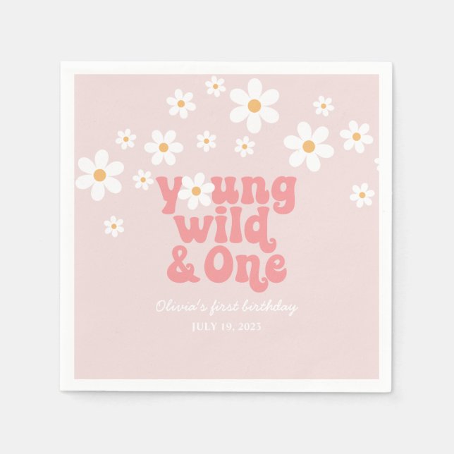 Retro Young Wild One Daisy floral 1st birthday Napkins (Front)