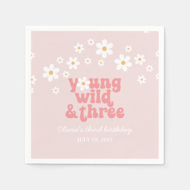 Retro Young Wild three Daisy floral 3rd birthday Napkins (Front)