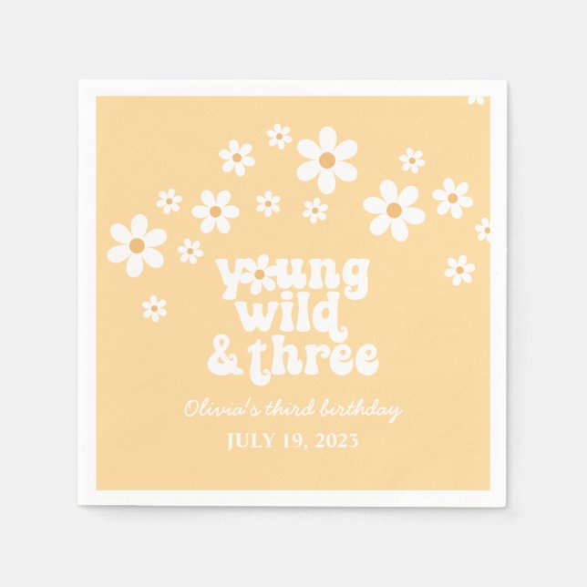 Retro Young Wild three Daisy floral 3rd birthday Napkins (Front)