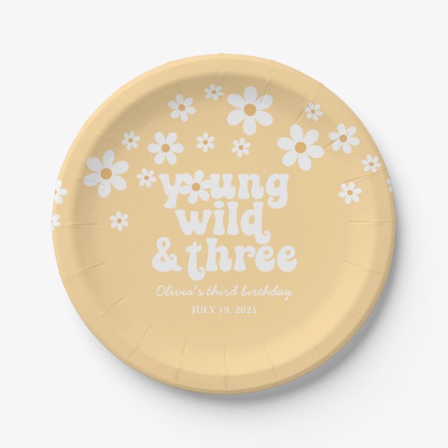Retro Young Wild three Daisy floral 3rd birthday P Paper Plates (Front)