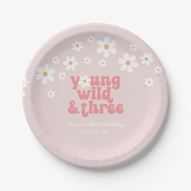 Retro Young Wild three Daisy floral 3rd birthday Paper Plates (Front)