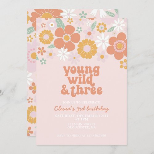 Retro Young Wild Three Floral 3rd birthday Invitation