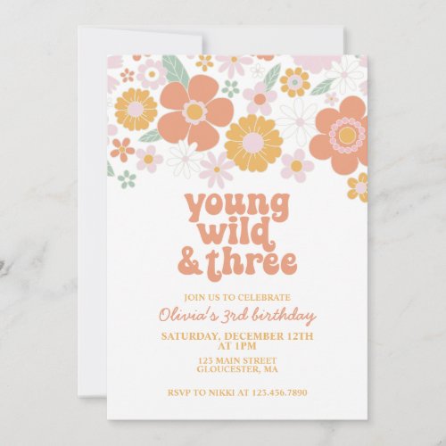 Retro Young Wild Three Floral 3rd birthday Invitation