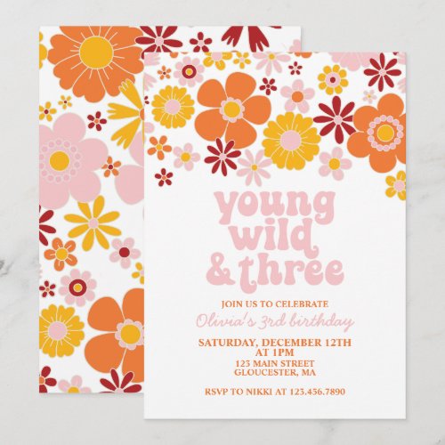 Retro Young Wild Three Floral 3rd Birthday Invitation