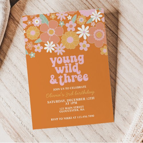Retro Young Wild Three Floral first birthday Invit Invitation