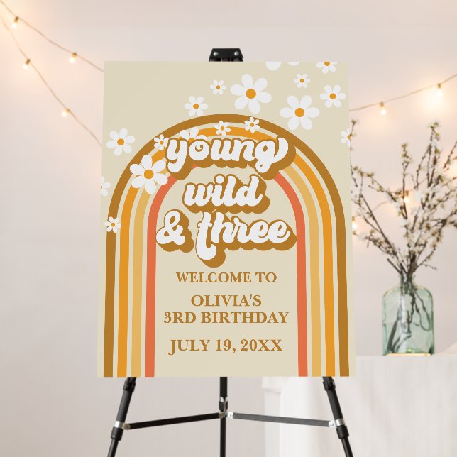 Retro Young Wild Three Rainbow Brown 3rd Birthday Foam Board (In Situ (Stand))