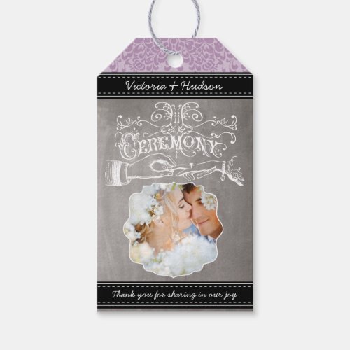 Retro Your Wedding Photo Lavender Damask Pattern Gift Tags