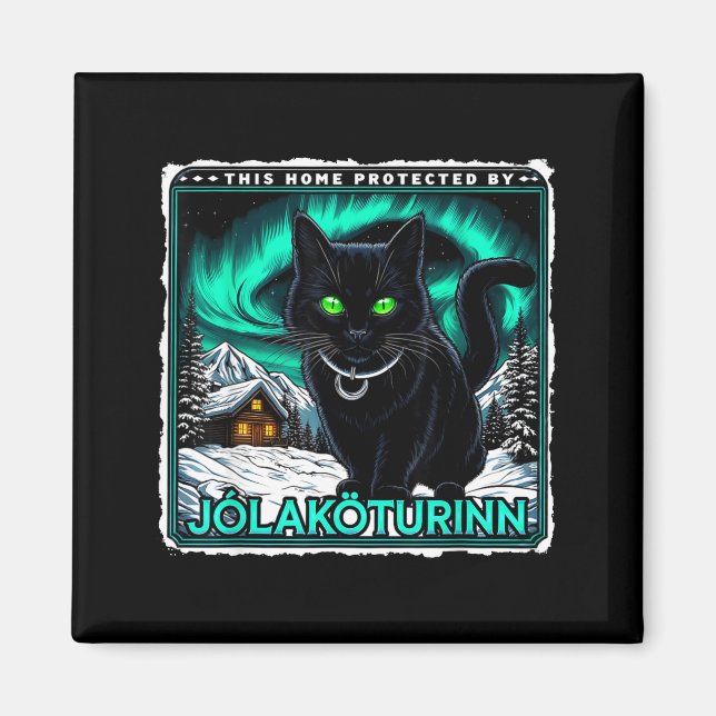 Retro Yule Cat Icelandic This Home Protected Jólak Magnet (Front)