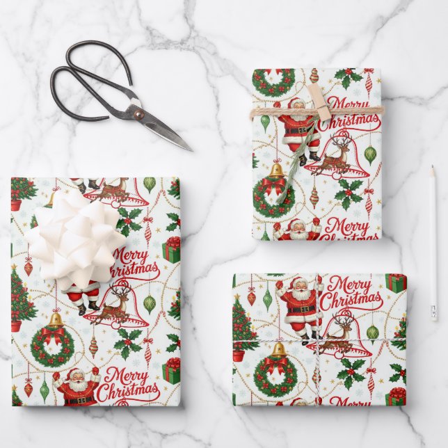 Retro Yuletide Cheer: Merry & Bright Holiday Wrapping Paper Sheets (Front)