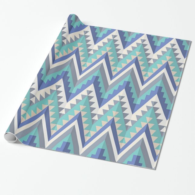 Retro Zigzag Chevron Teal Blue Grey Taupe White Wrapping Paper (Unrolled)