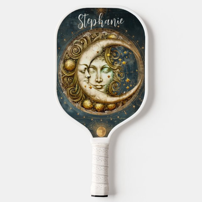 Retro Zodiac Celestial Moon Monogram Pickleball Paddle (Back)