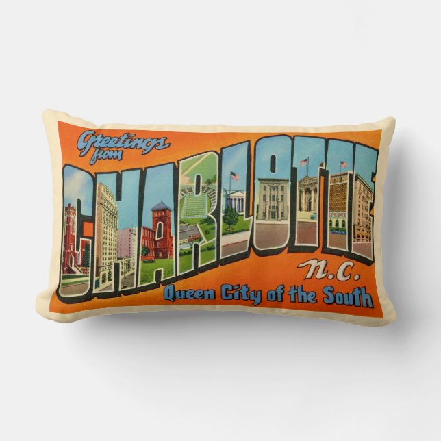 RetroCharlotte NC Postcard Lumbar Pillow (Front)