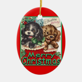 RetroChristmasPuppies-CERAMIC Oval Ornament