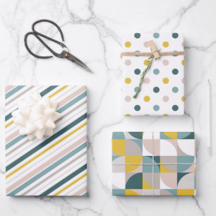 RetroMod Patterns Aqua Teal Blue Blush Pink Yellow Wrapping Paper Sheets