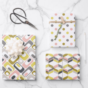 RetroMod Patterns Mustard Yellow Pink Grey Taupe  Wrapping Paper Sheets