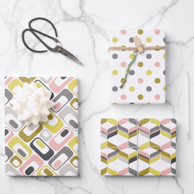 RetroMod Patterns Mustard Yellow Pink Grey Taupe  Wrapping Paper Sheets (Front)