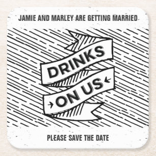 Retropress Drinks on Us Save the Date Coasters