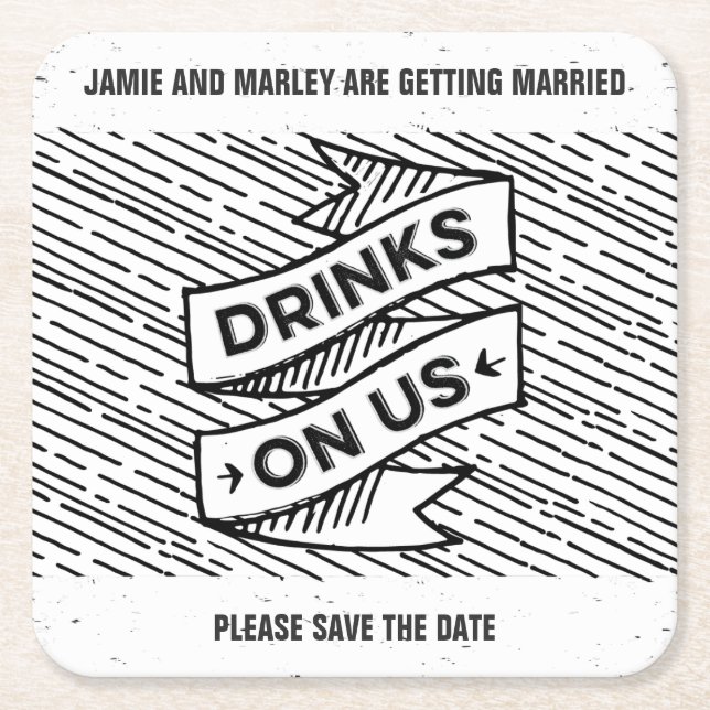 Retropress Drinks on Us Save the Date Coasters (Front)