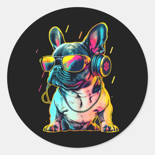 Retrowave French Bulldog with Headphones and Sungl Classic Round Sticker (Front)