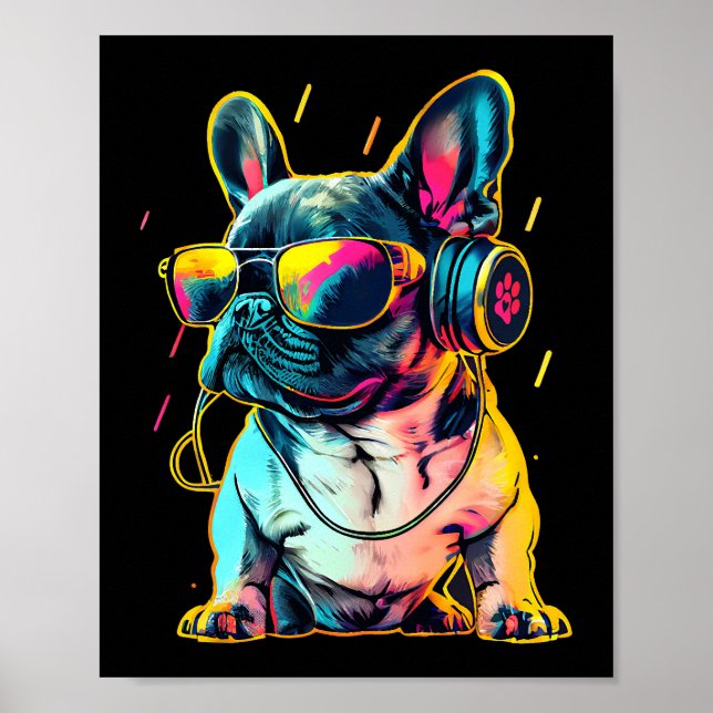 Retrowave French Bulldog with Headphones and Sungl Poster (Front)