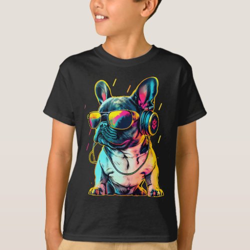 Retrowave French Bulldog with Headphones and Sungl T_Shirt