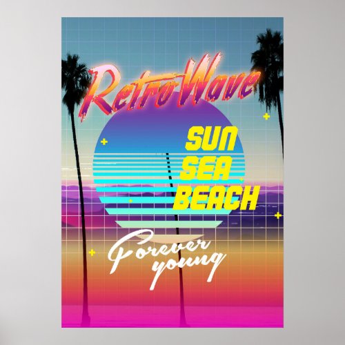 Retrowave Sun Sea Beach Poster