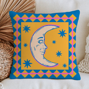 Rettro Crescent Moon Face Colorful Celestial Throw Pillow