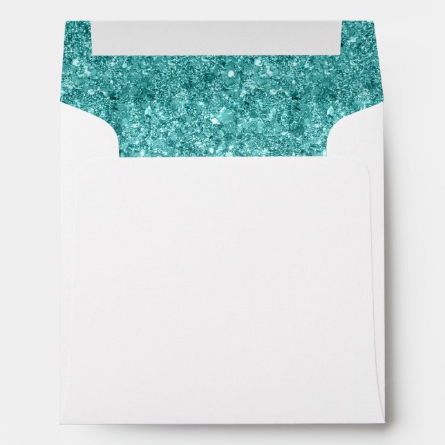 Return Address, Aqua Blue Glam Glitter Square Envelope (Back (Bottom))