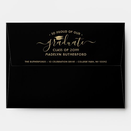 Return Address Black  Gold Faux Foil Graduation Envelope