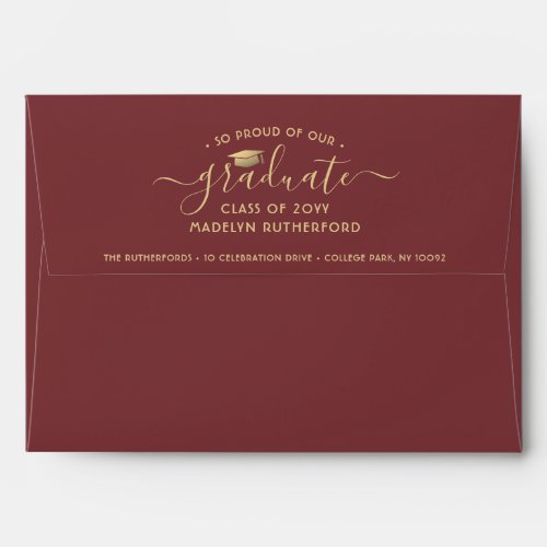 Return Address Burgundy Gold Faux Foil Graduation Envelope