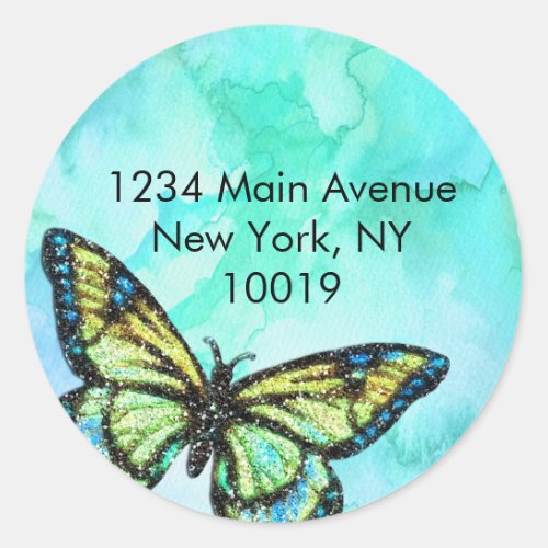 Return Address Butterfly Turquosie Painted Classic Round Sticker