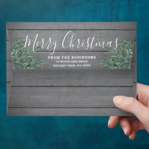 Return Address Christmas Greenery and Gray Wood Envelope