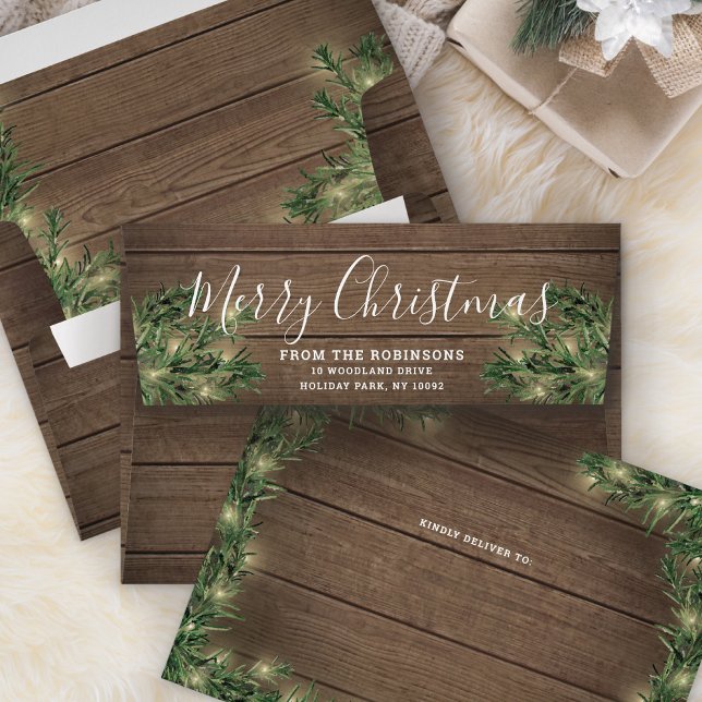 Return Address Christmas Greenery, Wood & Lights Envelope (Creator Uploaded)