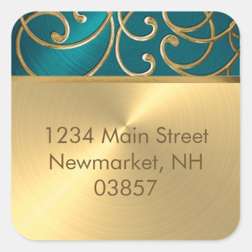 Return Address Elegant Teal Blue and Gold Filigree Square Sticker