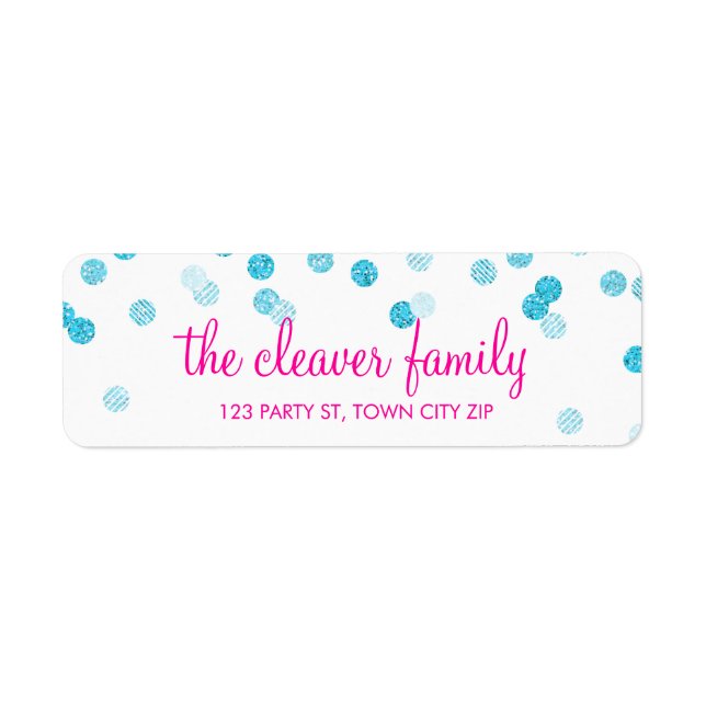 RETURN ADDRESS fun confetti polka dot glitter aqua Label (Front)