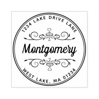 Return Address Heart Modern Script Family Name Rubber Stamp