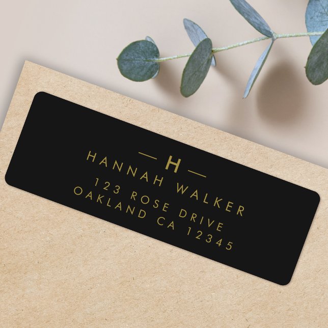 Return Address Label | Black & Gold Mail Sticker (Elegant gold monogram return address label by Guava - refined, modern, and easily customizable)