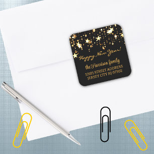Return Address Label, Black & Gold Stars Square Sticker