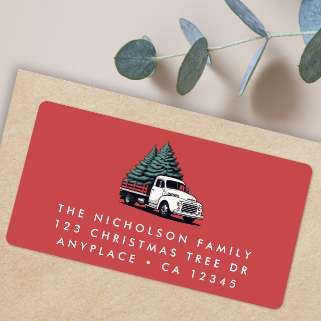 Return Address Label | Christmas Tree Truck Red (Retro vintage Christmas tree delivery truck address labels for Holiday card mail & festive parcels)