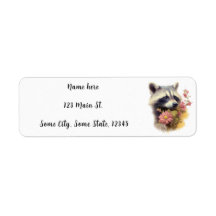Return Address Label - Raccoon Holding Wildflowers