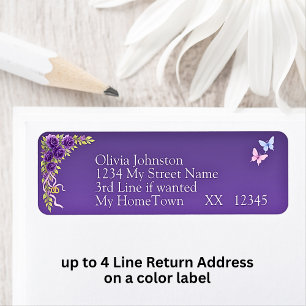 Return Address Labels, Purple Mauve Flowers White Label