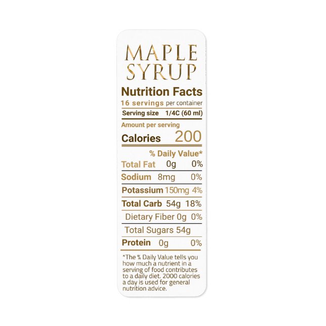 Return Address Maple Syrup Nutrition Gold Gradient Label (Front)