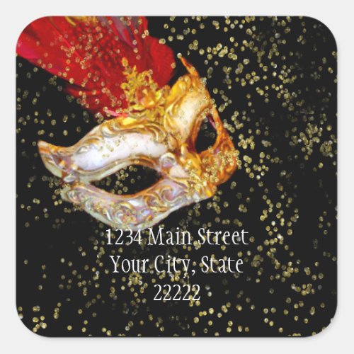 Return Address Masquerade Black Red Gold Square Sticker