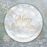 Return Address Merry Christmas Winter Frost Classic Round Sticker<br><div class="desc">Festive classic Merry Christmas return address labels for you to personalise with your own message,  year,  family name and address details set in gold typography on a winter frost background. Designed by Thisisnotme©</div>